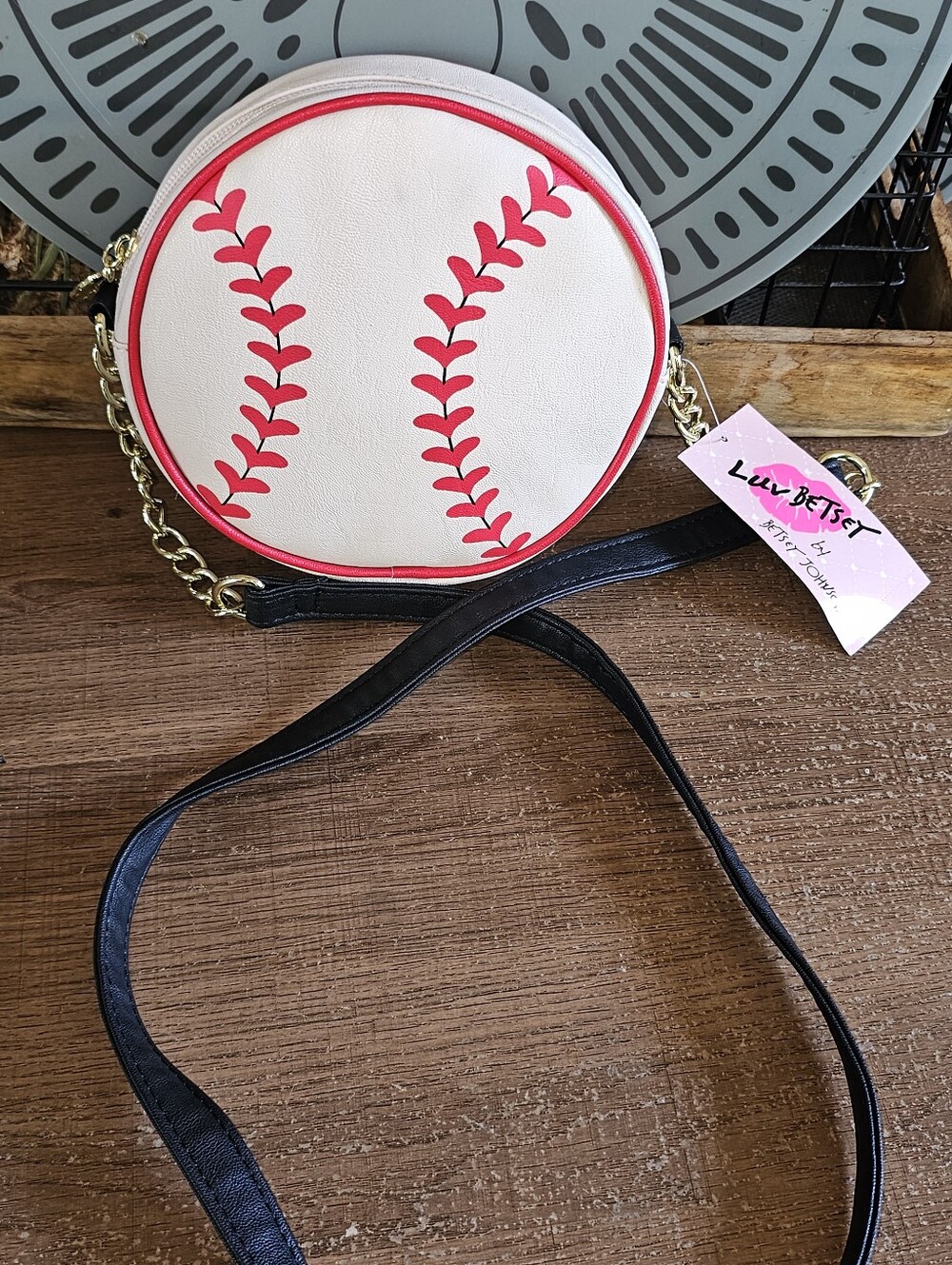 Luv Betsy Kitsch Baseball Hey Batter Batter Round Crossbody Purse Gold Chain Nwt